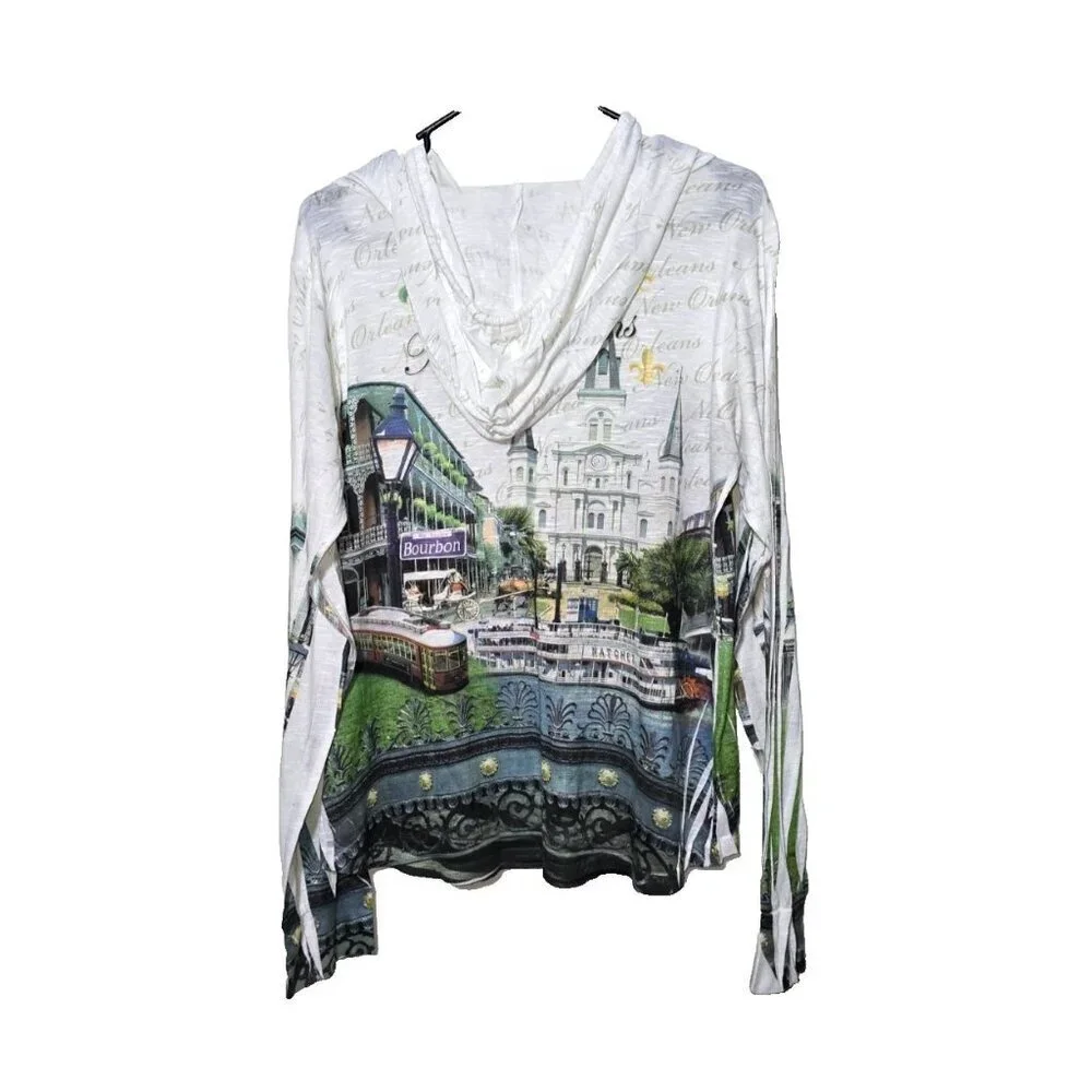 DAVINA Hooded Shirt XL New Orleans Scenic Artsy Long Sleeve Casual Studded NOLA